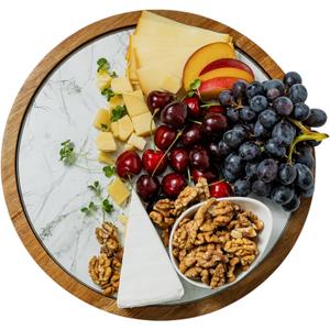 Rickby, 12" Premium Acacia Wood Lazy Susan Turntable for Table Top with Removable Marble Texture Glass Plate, Wooden Lazy Susan for Dining Table Centerpiece & Kitchen Countertop