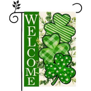 2 x St Patricks Day Shamrocks Garden Flag 12x18 Inch Double vertical Sided for Outside Welcome Green Clovers for decorating flags during farmhouse holidays