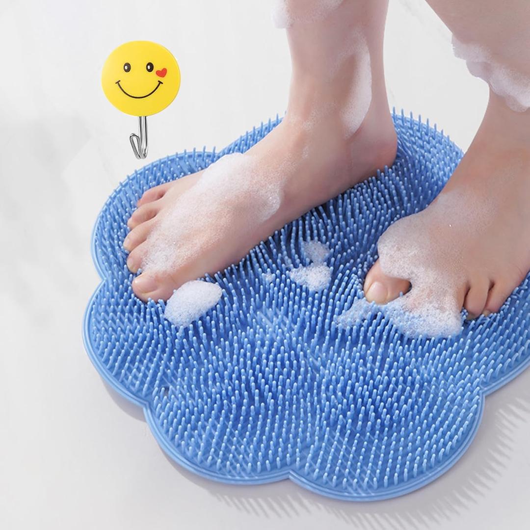 Foot Scrubber in Shower,Shower Foot Scrubber Mat,Silicone Body Scrubber with Suction Cups,Bath Feet Scrub Mat with Storage Hook(Blue)