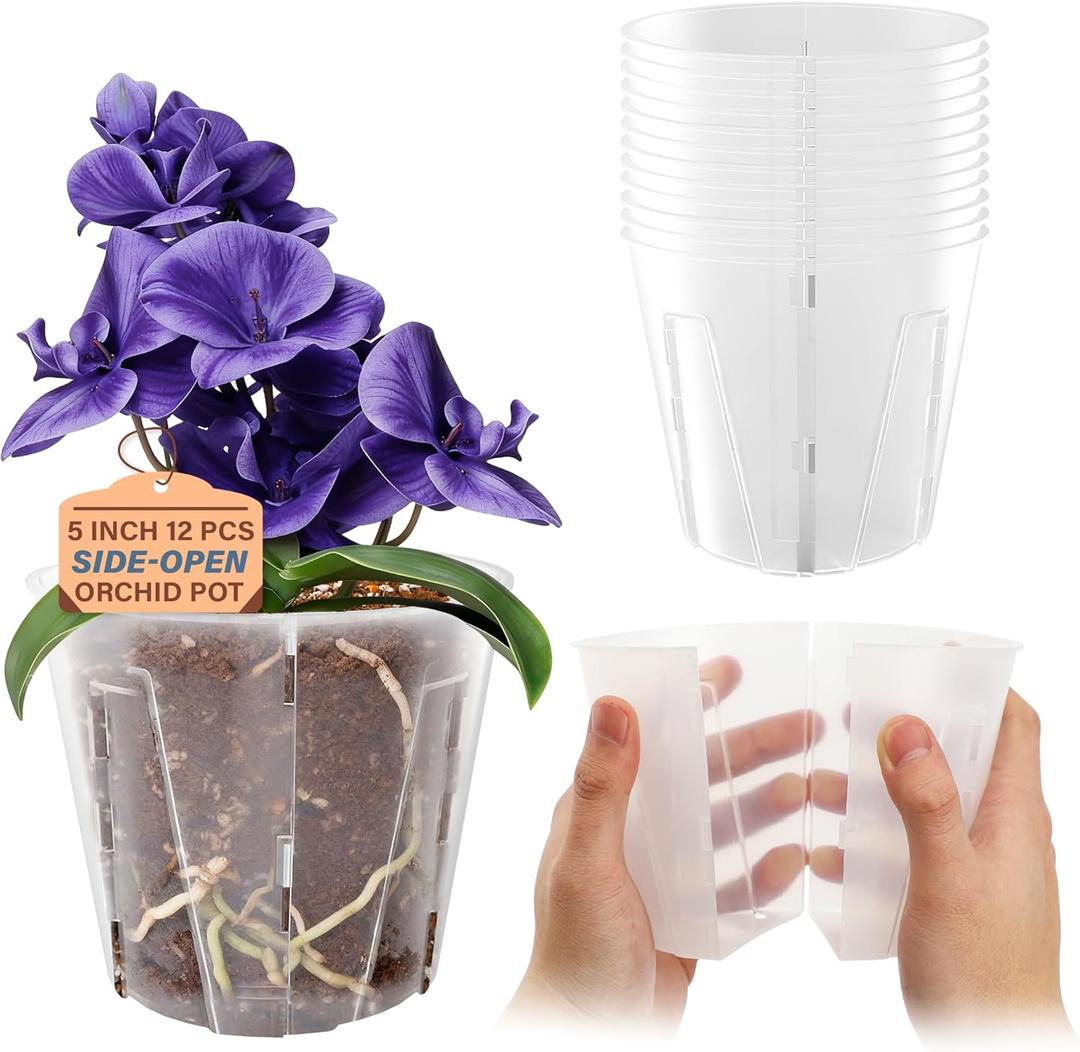 Bluepro 5 Inch Side-Open Orchid Pots 12 Pack, Clear Plastic Nursery Planters with Detachable Side Walls for Easy Repotting, Breathable Slotted Flower Pots with Drainage for Root Health