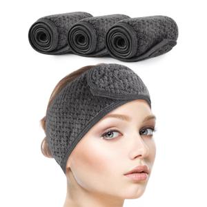 SINLAND Spa Headband for Women Ultra Soft Adjustable Makeup Hair Band with Magic Tape, Stretch Head Wrap for Bath, Shower, Facial Mask, Yoga (1 Count (Pack of 3), grey(waffle style))