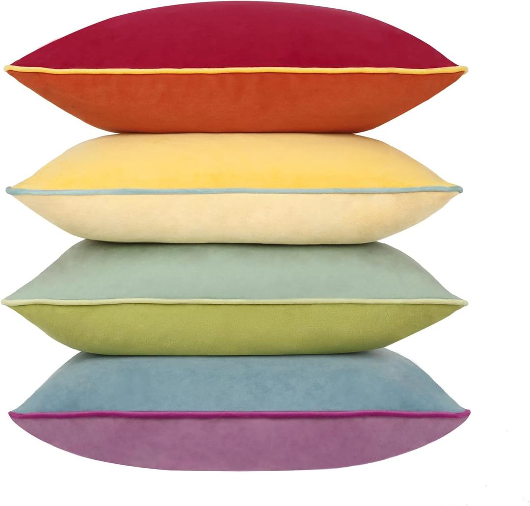Btyrle Throw Pillow Covers 16x16 Inches Set of 4 Soft Velvet Couch Cushion Covers Modern 8-Colors Rainbow Designs for Sofa Bedroom Home Decor(Rainbow Series with Edge)