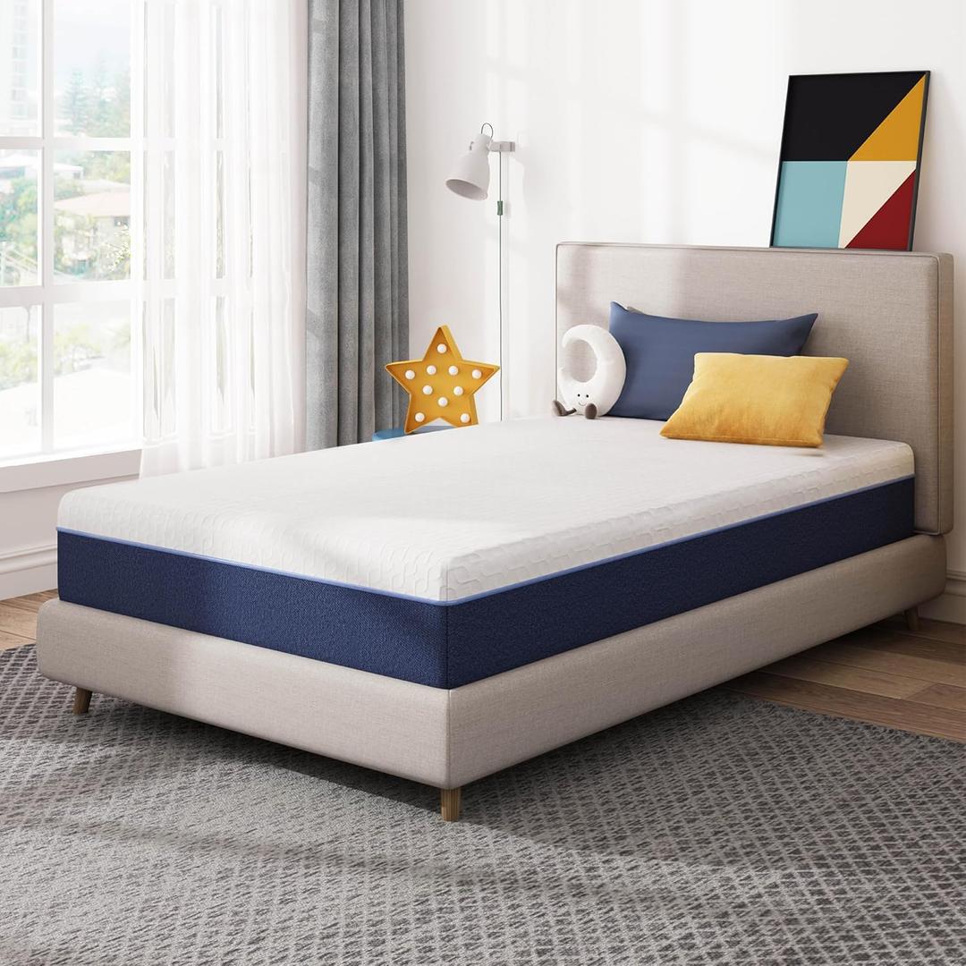 6 Inch Twin Size Mattress for Kids, Gel Cooling Memory Foam Mattress in A Box, Medium Firm Feel for Back Pain Relief, CertiPUR US Certified (White&blue)