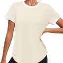 Womens Workout Tops Summer Short Sleeve Shirts Athletic Color Block Gym Clothes Outfits Sun Protection UPF 50+ T Shirts (Beige, XL)