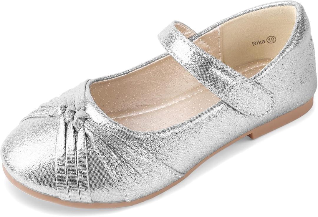 PANDANINJIA Girls Dress Shoes Flower Girl Mary Jane Flats Wedding Party School Shoes for Toddler Little Kid Big Kid (Silver, 12 M US Little Kid)
