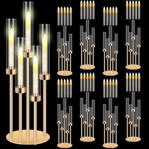 Tandefio 8 Set 5 Arm Gold Candelabra Table Centerpiece with LED Candle, 26.8" Tall Acrylic Cylinder Candle Holder with Lampshades Fit 0.8 for Wedding, Anniversaries, Dinner, Party, Easter, Home Decor