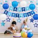 Happy Birthday Decorations, Blue Birthday Party Decorations Set with Happy Birthday Banner, Paper Lanterns, Star Swirl Hanging Decorations & Circle Dots Garland