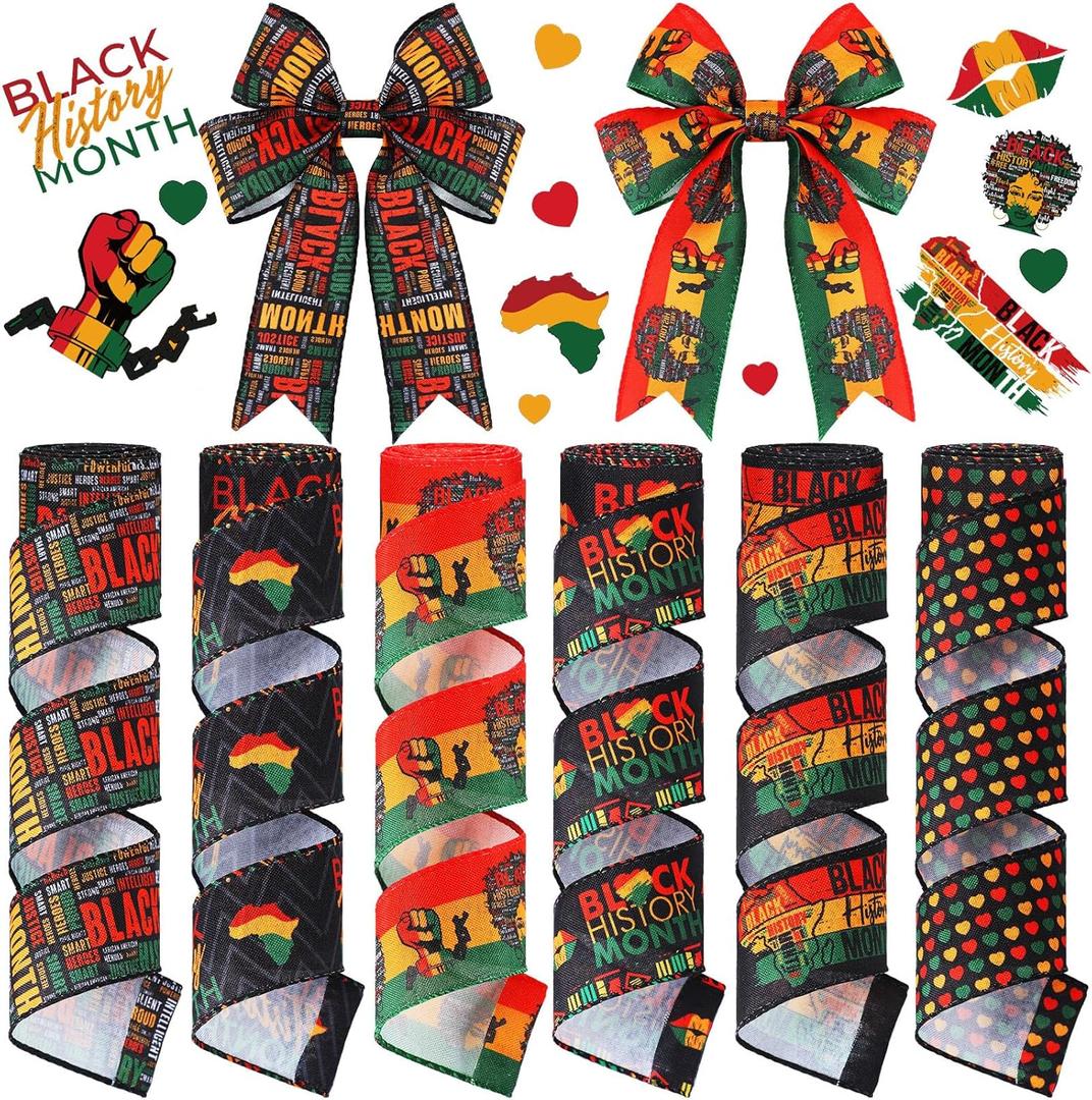 6 Rolls 30 Yards Black History Month Ribbons Wired Wrapping Crafts Buffalo Plaid African American Edge Ribbon Decorations Black History Celebration Decor for Craft Bow Gifts Making