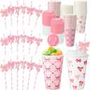 48 Pcs Pink Bow Party Favors Paper Cups with Lids and Straws 16 oz Birthday Party Decoration and Supplies Bachelorette Cups for Girl