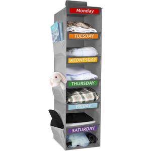 7-Shelf Weekly Clothes Organizer for Kids, Hanging Closet Organizer for Kids & Adults, Collapsible Hanging Closet Shelves, Monday-Saturday Days of The Week Clothes Shelves with 6 Side Pockets (Grey)