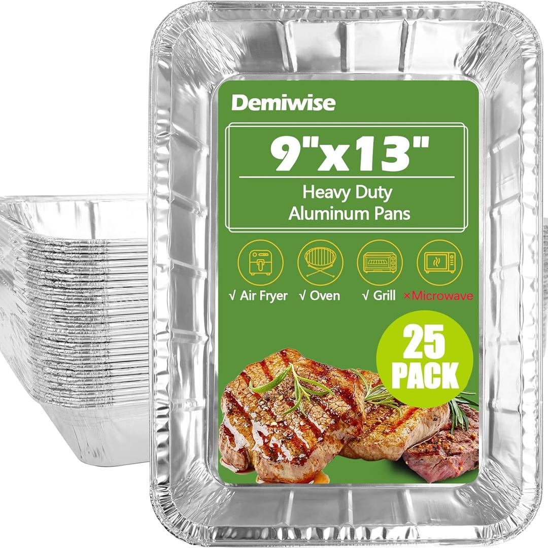 Thickened 25 Pack Aluminum Foil Pans, 9x13 Disposable Aluminum Tin Foil Pans for Baking Roasting & Chafing, Half Size Steam Table Deep Pans, Extra Heavy Duty Cake & Oven Pan
