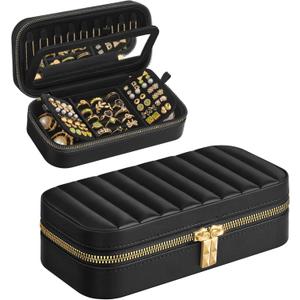 SONGMICS HOME Travel Jewelry Case, Travel Jewelry Box Organizer with Mirror, 4.1 x 8 x 2.4 Inches, Stitching, Portable, Gift Idea, Ink Black UJBC180B01