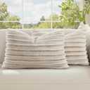 decorUhome Summer Cozy Faux Fur Throw Pillow Covers 12x20 Set of 2 Decorative Soft Plush Striped Lumbar Modern Farmhouse Boho Couch Pillow Cases with Velvet Back for Sofa Bed Living Room, Beige White
