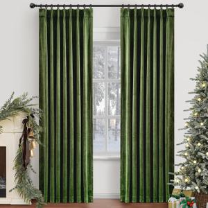 Velvet Pinch Pleated Blackout Curtains 96 Inch Length 2 Panels with Hooks, Luxury Curtains for Bedroom Living Room, Back Tab Soft Room Darkening Drapes, W40xL96, Moss Green