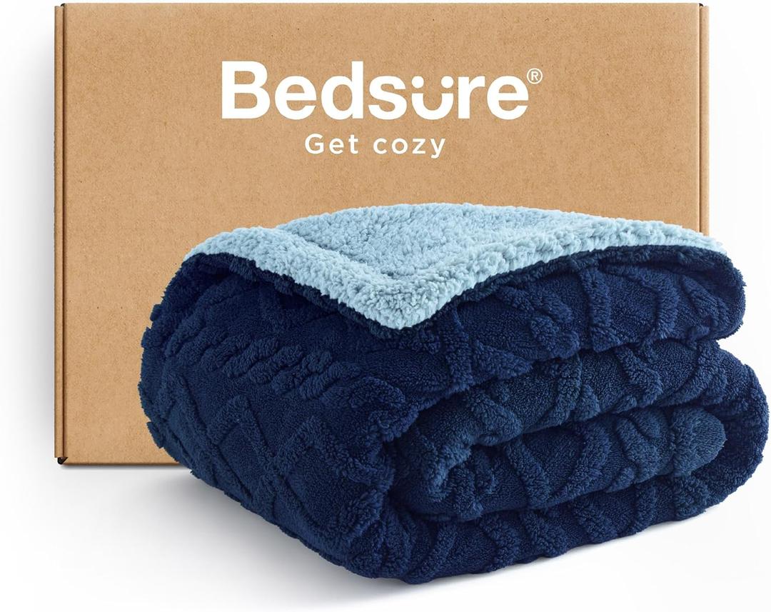 Bedsure Gentlesoft Sherpa Fleece Throw Blanket for Couch - Fluffy & Cozy Cable Jacquard Tufted Throw for Women Gift, Thick and Warm Christmas Blanket for Winter, Navy, 50x60 Inches