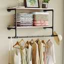 Industrial Pipe Clothes Rack with Wood Shelf, 42" Long Wall Mounted Clothing Rack with Hanging Rod for Laundry Room, Heavy Duty Pipe Shelves, Closet Storage, Retail Boutique Display