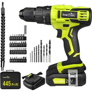 SnapFresh 20V Cordless Impact Drill-1/2" Power Drill/Driver Set,445in-lbs Torque Max,2 Variable Speeds, 43Pcs Bits w/case,2.0Ah Battery & Fast Charger Included, Power Tools