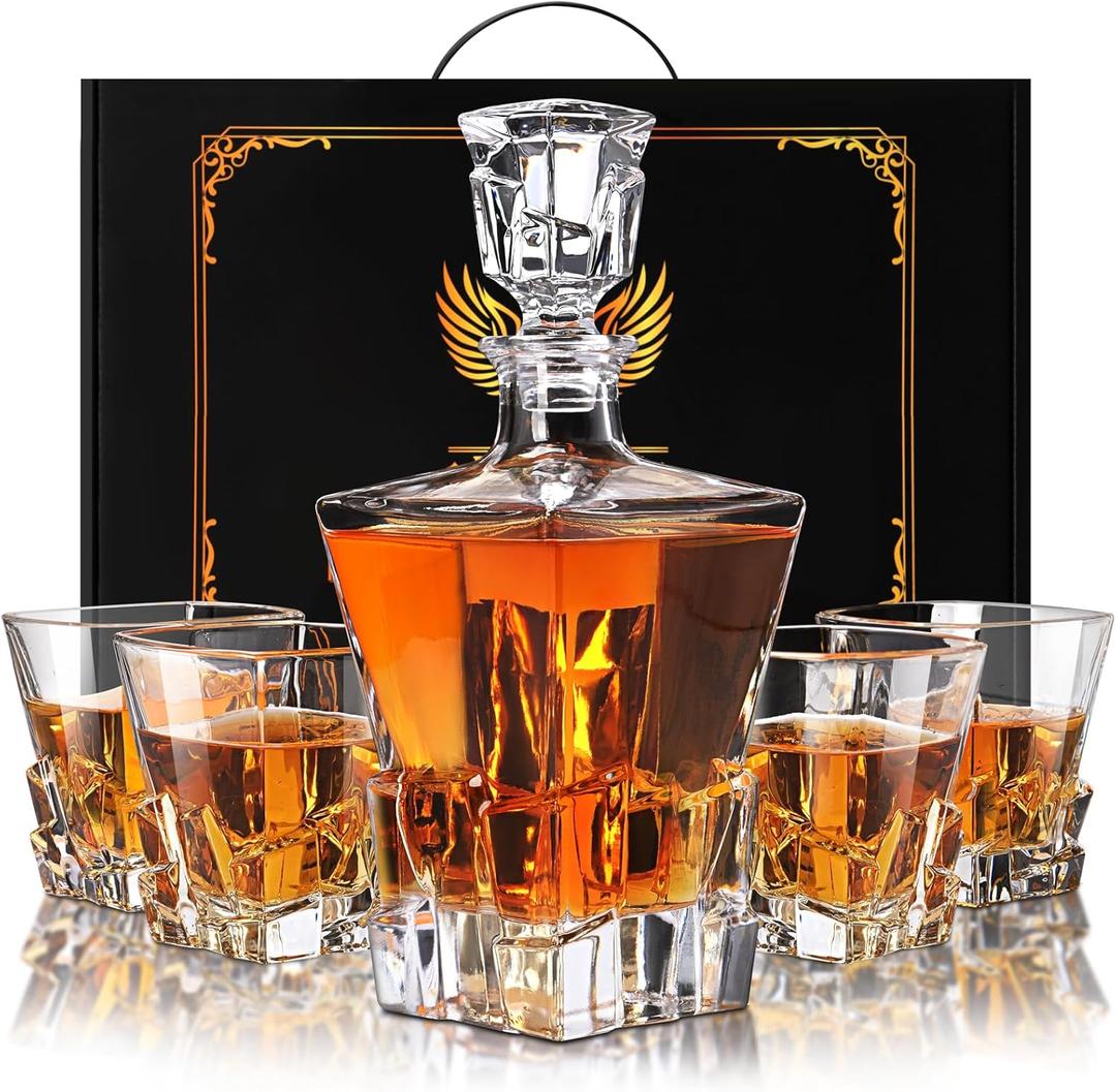 Whiskey Decanter Set for Men, Crystal Decanter Set With 4 Whiskey Glasses, Bourbon Decanter Set for Whiskey Lovers, Liquor Decanter Set for Dad Husband