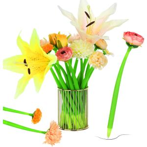 BBTO 24 Pcs Flower Pens for Women Daisy Rose Lily Carnation Ballpoint with Flower Top Black Gel Ink Pen Gift for Mother's Day Bridal Shower party Supplies,0.5 mm(Fresh)