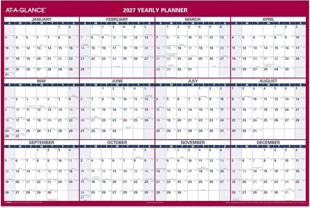AT-A-GLANCE 2027 Erasable Calendar, Dry Erase Wall Planner, 48" x 32", Vertical-Horizontal, Reversible (PM3262827)