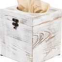 Distressed Farmhouse Square Solid Wood Tissue Box Cover with Slide-Out Bottom Panel Honey Brown Tissue Box Holder for Bathroom Living Room Dining Room Bedroom Toilet (Vintage White)