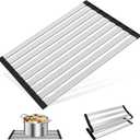 17.7" x 12.8" Roll-Up Dish Drying Rack Over Sink - Kitchen Sink Cover and Organizer Gadget with Foldable Stainless Steel Drainer and Sink Mat, Silver Dish Rack - Small