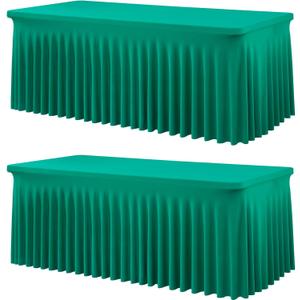 2 Pack Emerald Green Spandex Tablecloth for 6 Foot Rectangle Tables, Wrinkle Free Fitted Table Clothes Cover 6ft Green Stretchy Tablecloths with Skirt for Parties Weddings Birthday Banquet Baby Shower