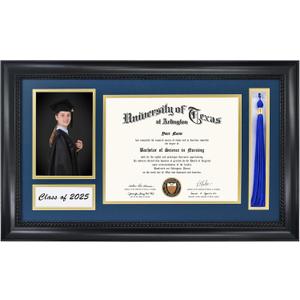 GMFrames Class of 2025 2026 Diploma Frame with Tassel Holder for 8.5x11 Certificate and 5x7 Photo,Solid Wood,Tempered Glass,Navy over Gold Mat