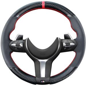 DIY Stitching Carbon Fiber Steering Wheel Cover for BMW M3 M4 M5 M6 M240i X2 M35i X5 M X6 M M2 2014-2017/3 Series F30 F10 M Sport Black 15 inches Leather Interior Accessories