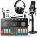 Podcast Equipment Bundle, RGB Audio Interface Mixer with Dynamic XLR/USB Microphone, Desktop Stand, Noise Reduction, Voice Changer, for Vocal Recording, Podcasting, Streaming, Gaming,TikTok