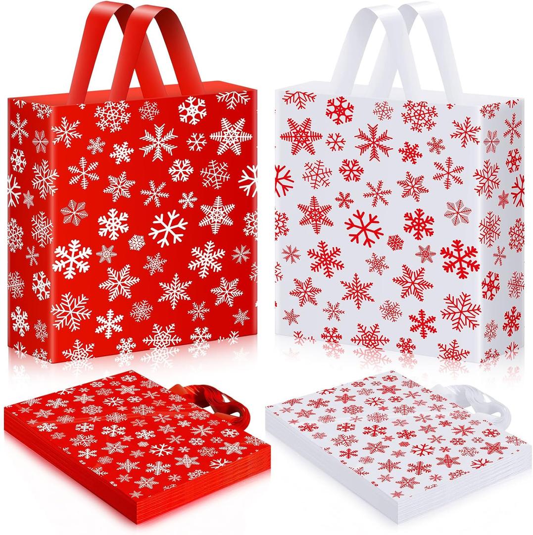 Zhanmai 200 Pcs Christmas Plastic Shopping Bags 10 x 13 mas Reusable Gift Bags with Red and White Snowflake Patterns for Christmas Party Supplies