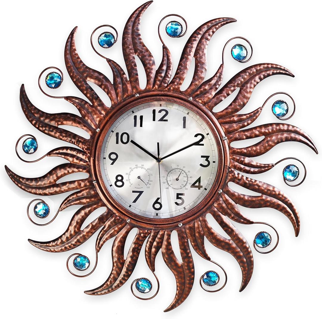 COOZZUHOUR 25 Inch Metal Sun Outdoor Shaped-Clock with Thermometer and Hygrometer Combo, Battery-Powered 10-inch Waterproof Dial and Silent Quartz Movement for Home Decorative Gifts(Bronze)