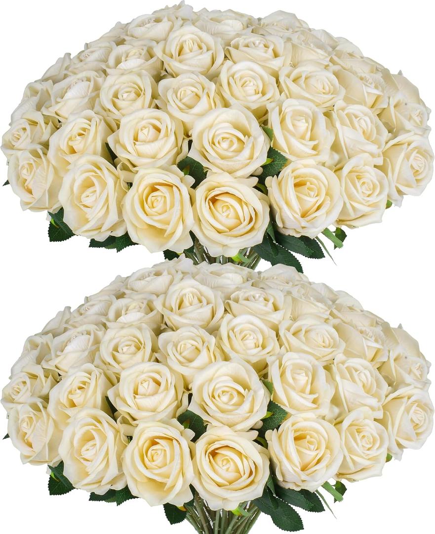 50 PCS Fake Champagne Roses, Artificial Flowers Bulk Realistic Silk Faux Rose with Stems for Wedding Decorations, Bridal Bouquets, Mother's Day Thanksgiving DIY Floral and Home Decor