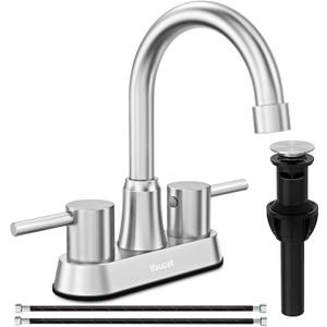 Bathroom Faucets, Bathroom Faucet 3 Hole, Bathroom Sink Faucet, Faucet for Sink 4 Inch 2 Handle Centerset, Lead-Free, with Copper Pop Up Drain (Brushed Nickel)
