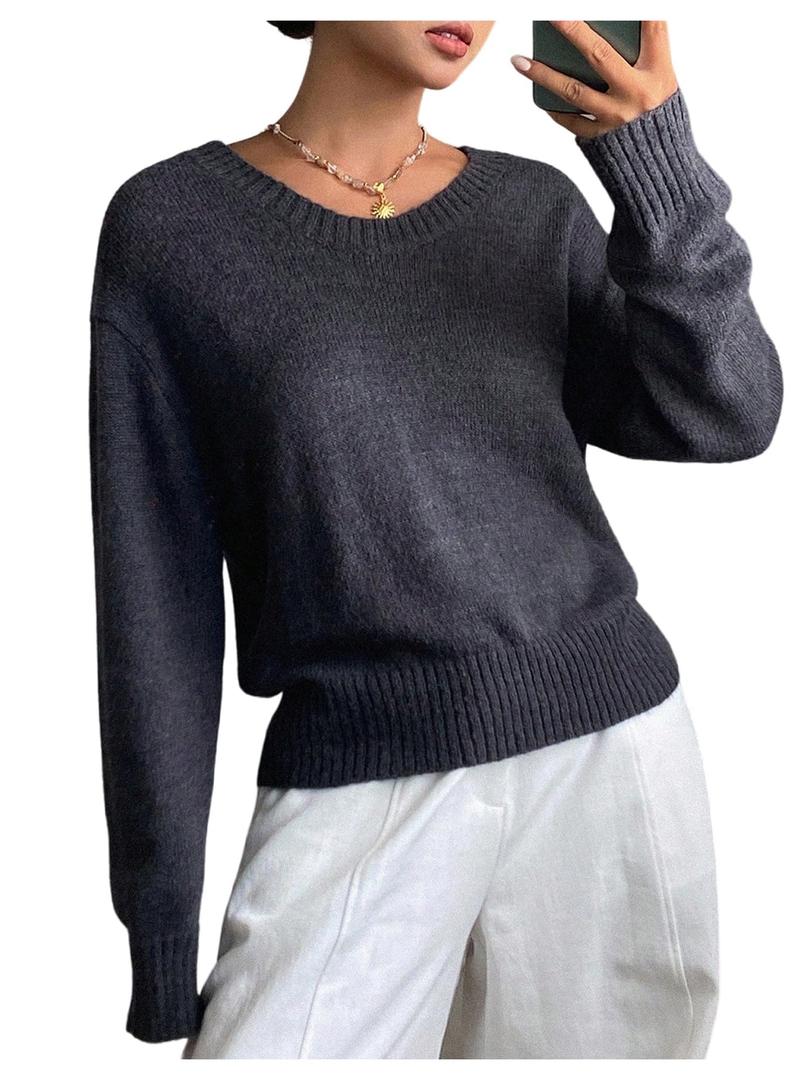 SHENHE Women's Crewneck Sweater Pullover Drop Shoulder Soft Knit Fall Casual Sweater Jumper Dark Grey Medium