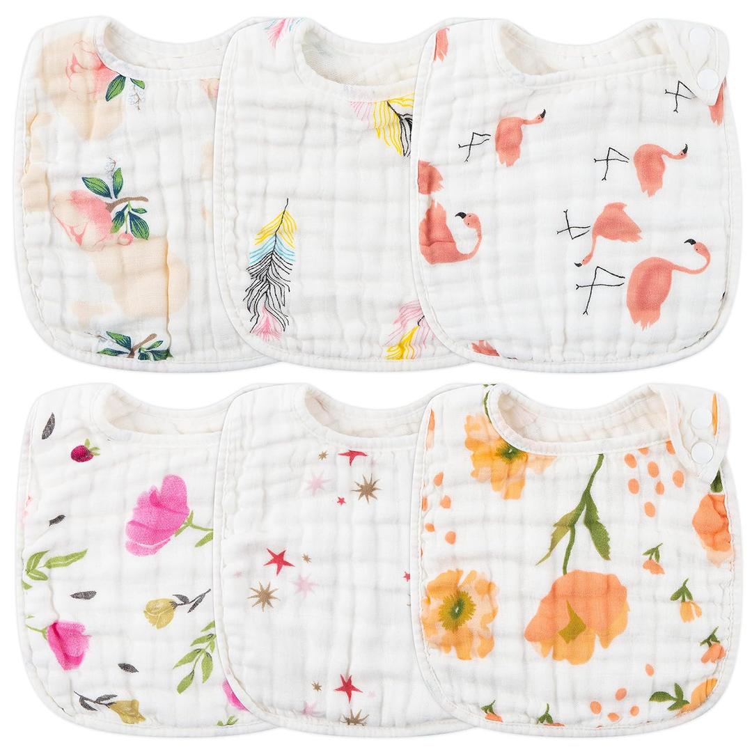 Zainpe 6Pcs Snap Muslin Cotton Bibs for Baby, Flamingo Star Flower Machine Washable Adjustable Burp Cloths with 6 Absorbent Soft Layers for Infant Newborn Toddler Drooling Feeding and Teething (Pink)