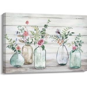 Creoate Bathroom Decor Floral Bouquets in Vase Canvas Wall Art, Flowers Painting Picture Rustic Wood Farmhouse Home Wall Decor, 16 x 24 Inches