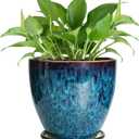Ceramic Plant Pot, 6 Inch Ceramic Planter Pot with Drainage Hole and Saucer, Succulent Round Flower Pot for Indoor Plants Outdoor, Blue