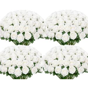 Ouddy Decor 100 Pcs Artificial White Roses Bulk Realistic Fake Silk Flowers with Long Stems for Wedding Bridal Bouquet DIY Table Centerpieces Arrangement Valentines Home Decor (100 Packs)