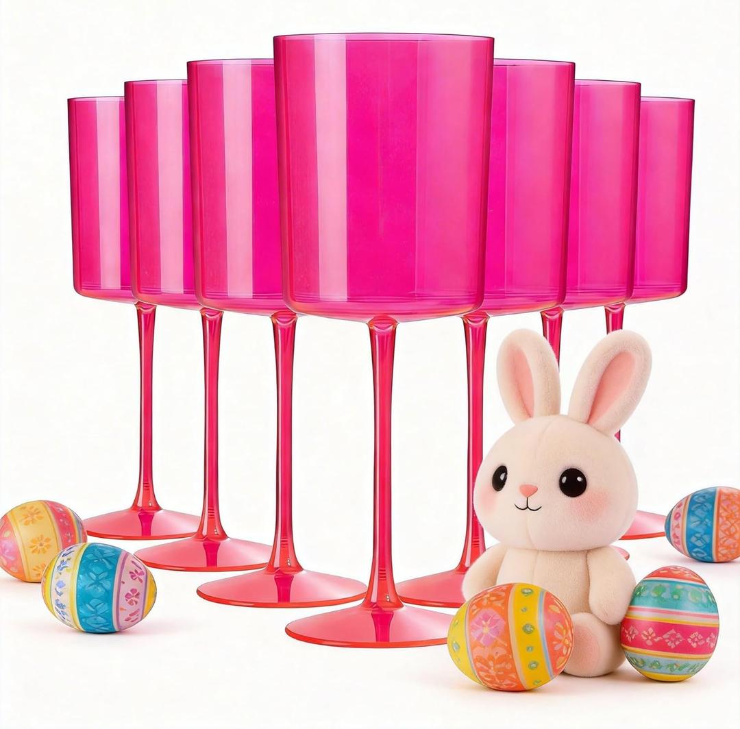 Ciaell 12 Pack Plastic Wine Glasses - 10Oz Hot Pink Plastic Wine Glasses With Stem - Disposable Stemmed Cups for Parties & Weddings & Easter