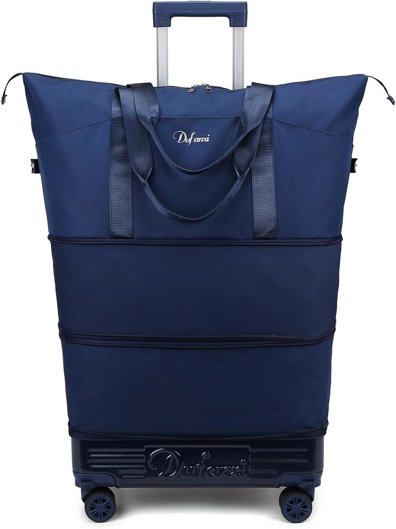 Expandable Rolling Travel Bag with Removable Wheels & Handle, Large Capacity Wheeled Duffle Tote, Foldable Carry On Luggage for Women, Lightweight Weekender Overnight Bag (DarkBlue)