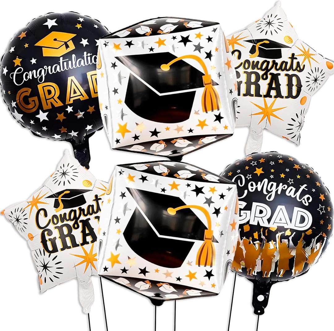 Black Gold Grad Balloons, 22 Inch Graduation Foil Balloon for College High School 2026 Graduation Balloons Decorations