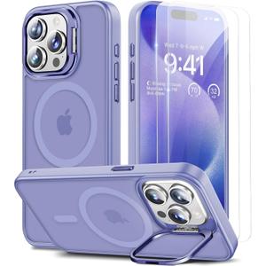 for iPhone 15 Pro Max Case, Built-in Camera Stand, with 2 Pcs Screen Protectors Fit for Magsafe, Matte Back Cover, Military Grade Shockproof Slim Magnetic Kickstand Phone Case, 6.7" Purple