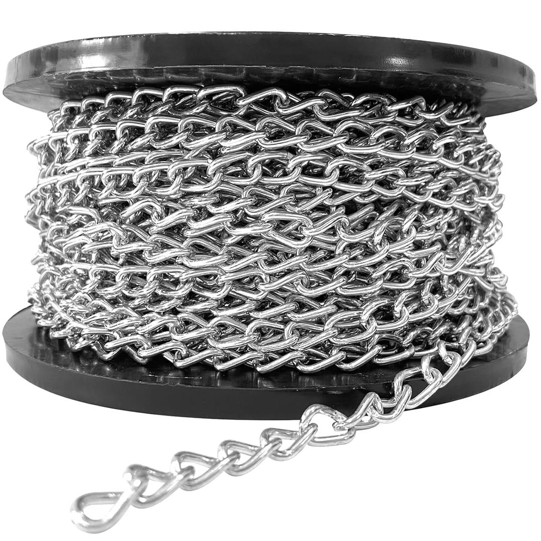 100ft Jack Chain, Galvanized Steel Hanging Chain for Hanging, Lightweight Link Chain with Spool for Light Fixtures, Decorations, Door Chain, Billboard, Bird Feeders,Pet Towing,30M