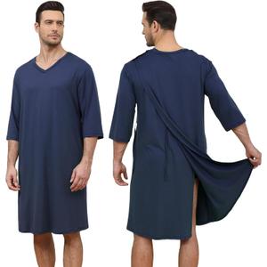 Soft Elastic Men's Hospital Gown with Shoulder Snaps, Waist Drawstring, Side Pockets, Patient Gown for Men