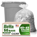 Betta 40-45 Gallon Clear Trash Bags, 50 Count Box, (40x46-inch) Commercial Heavy-Duty Garbage and Recycling Can Liners for 32-44 Gallon Round Cans, 25-35 Gallon Slim and Square Cans