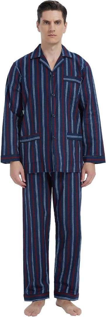 GLOBAL Men's 100% Cotton Flannel Pajamas Set Soft Warm 2pc Pjs For Men Button Fly&Elastic High Waist Loungewear Sleepwear (3X-Large, Blue and Red Stripes)