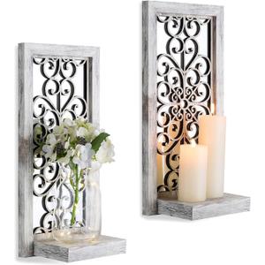 Mirrored Wall Candle Holders Decorative White - Farmhouse Wall Candle Sconces Set of 1 Washed white Candle Holder Decor for Small Vase Tealight Pillar Candles (Scroll Pattern, Distressed Gray-white)