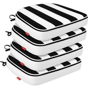 Pcinfuns Outdoor Chair Cushions Set of 4, 17"x16" Water-Resistant Patio Cushions with Ties, High Density Foam U-Shape Seat Cushions for Patio Garden Chairs,Black White Stripe