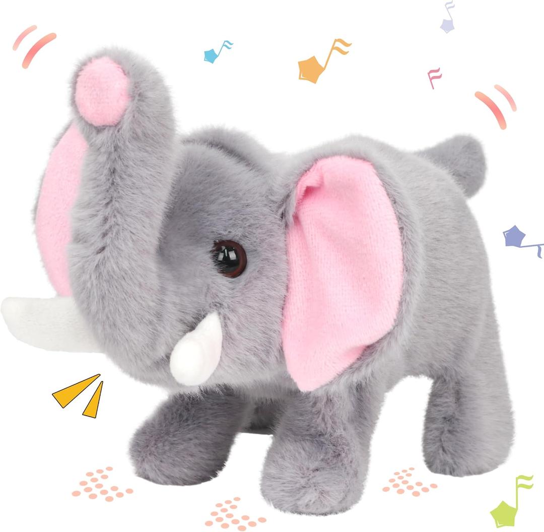 Hopearl Walking Elephant Interactive Crawling Elephish Electronic Plush Toy Animated Gifts for Toddlers Birthday, Gray, 9''